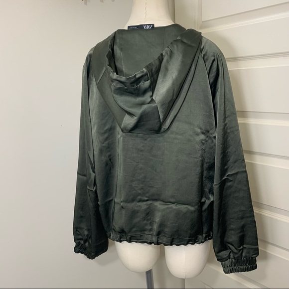 Zara Satin Bomber Jacket Green Hooded Zip Up Green Sz M Relaxed Fit Y2K - Picture 8 of 15